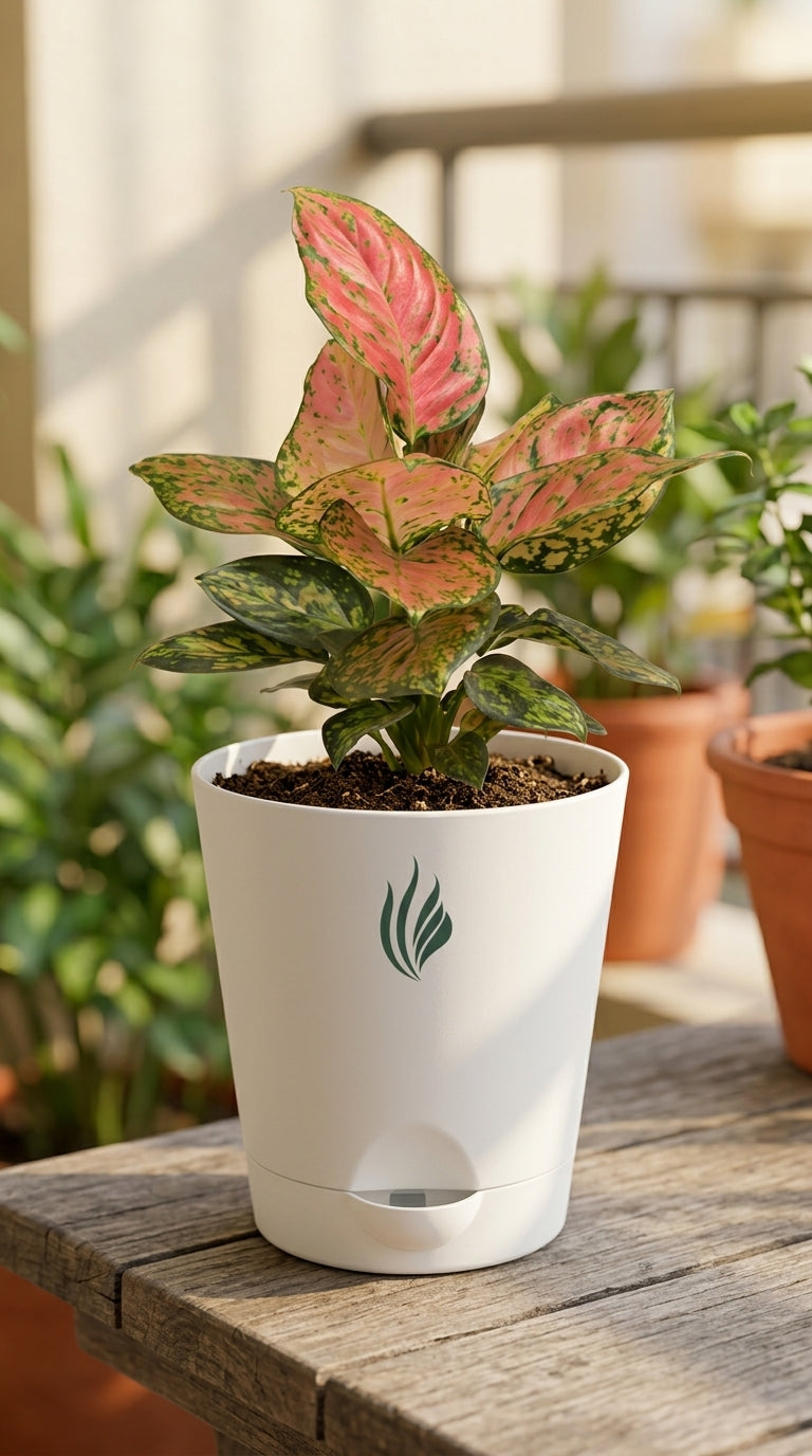 Potted plant with a decorative pot on a wooden surface outdoors