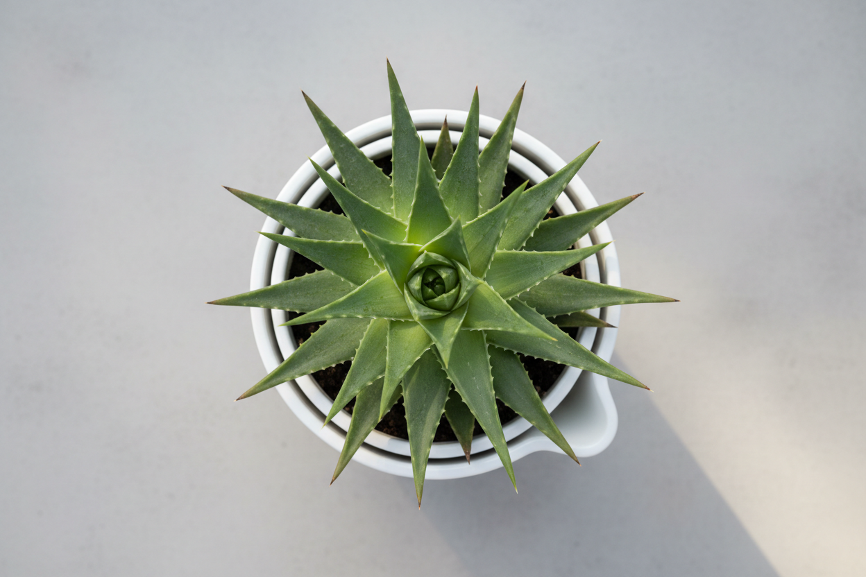 Green succulent plant in a white pot on a light gray background