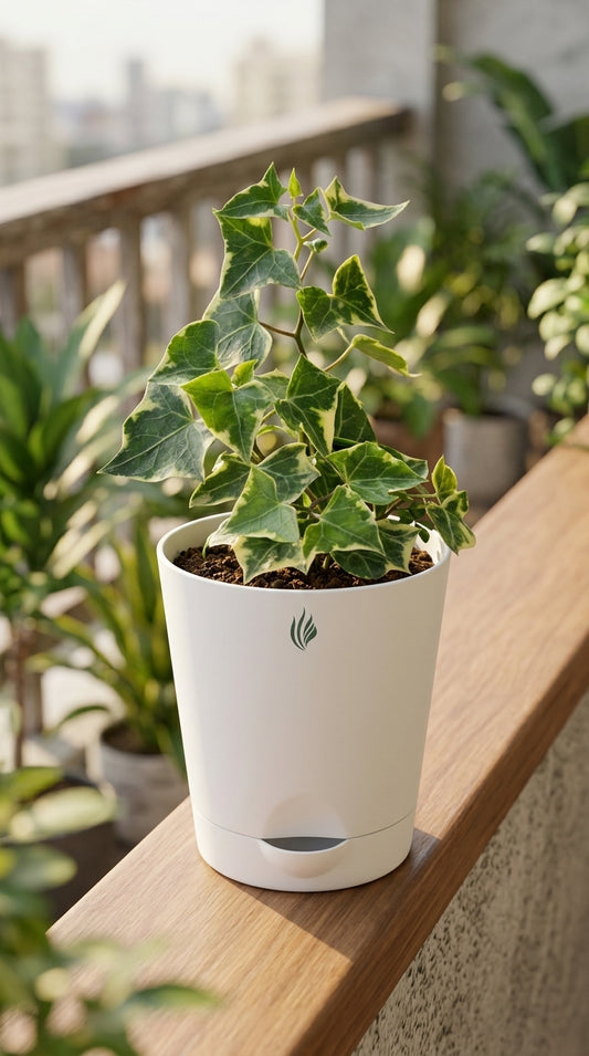 Potted plant on a wooden ledge with a blurred background