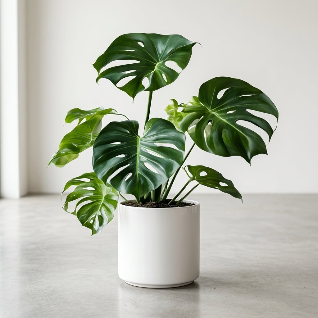 Potted Monstera plant on a light wooden floor with a neutral background