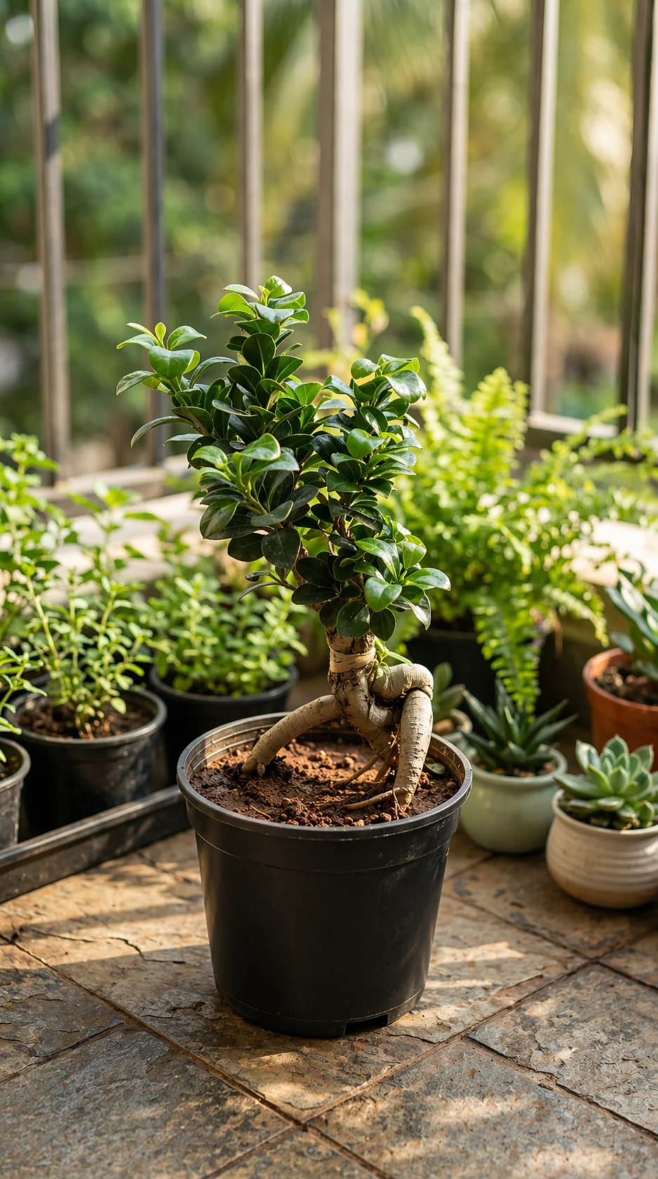 Potted plant on a stone surface with blurred background