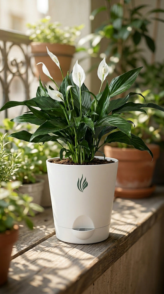 Potted plant on a wooden surface with other plants in the background