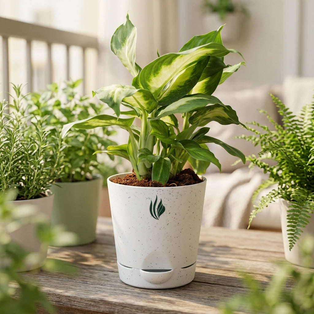 Potted plant on a wooden surface with other plants in the background