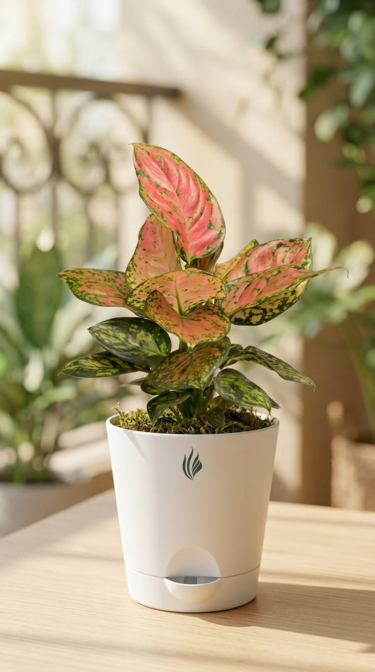 Potted plant with pink and green leaves on a wooden surface