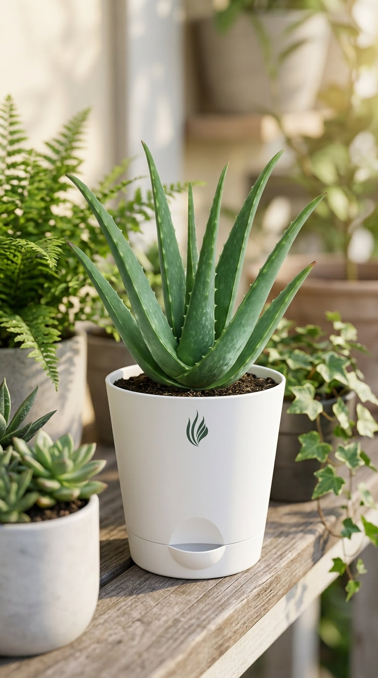 Potted aloe vera plant on a wooden surface with other plants in the background