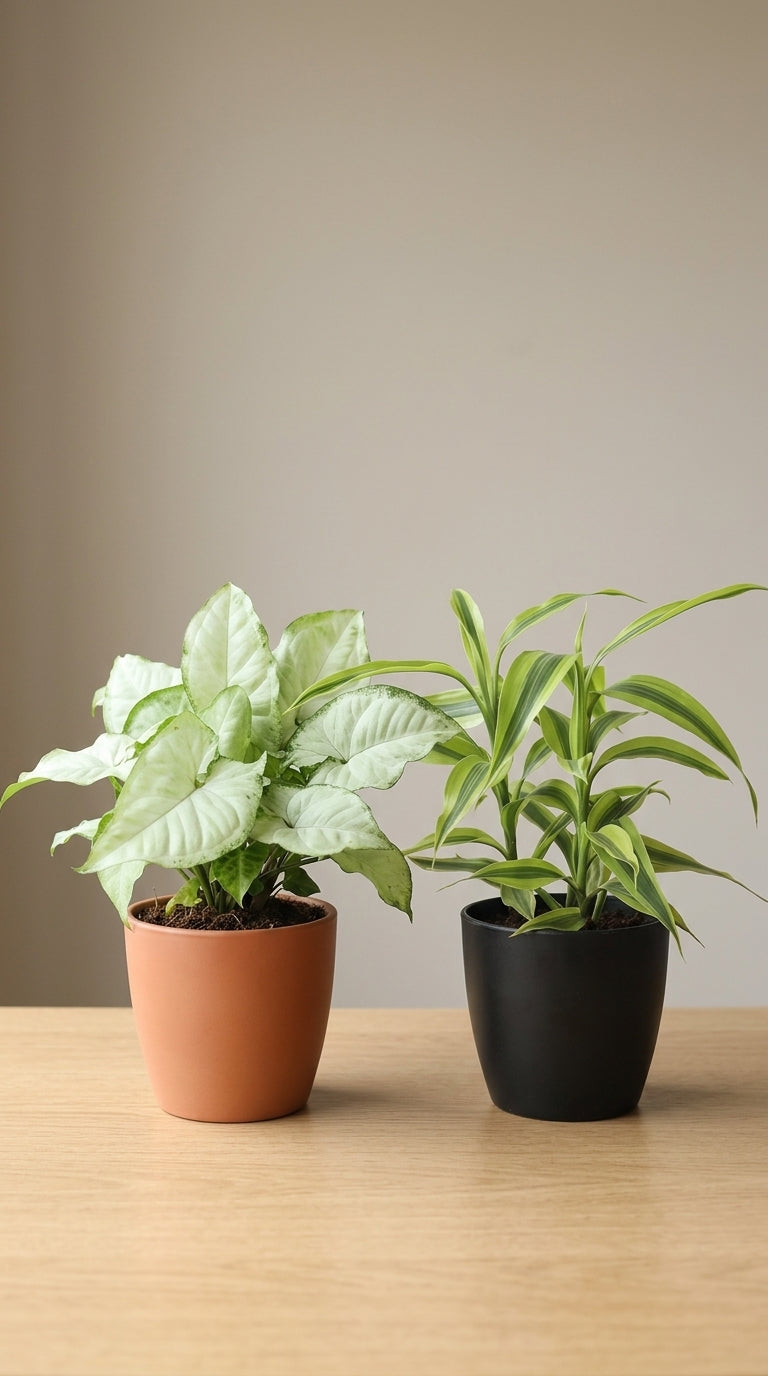 Two potted plants on a wooden surface with a plain background