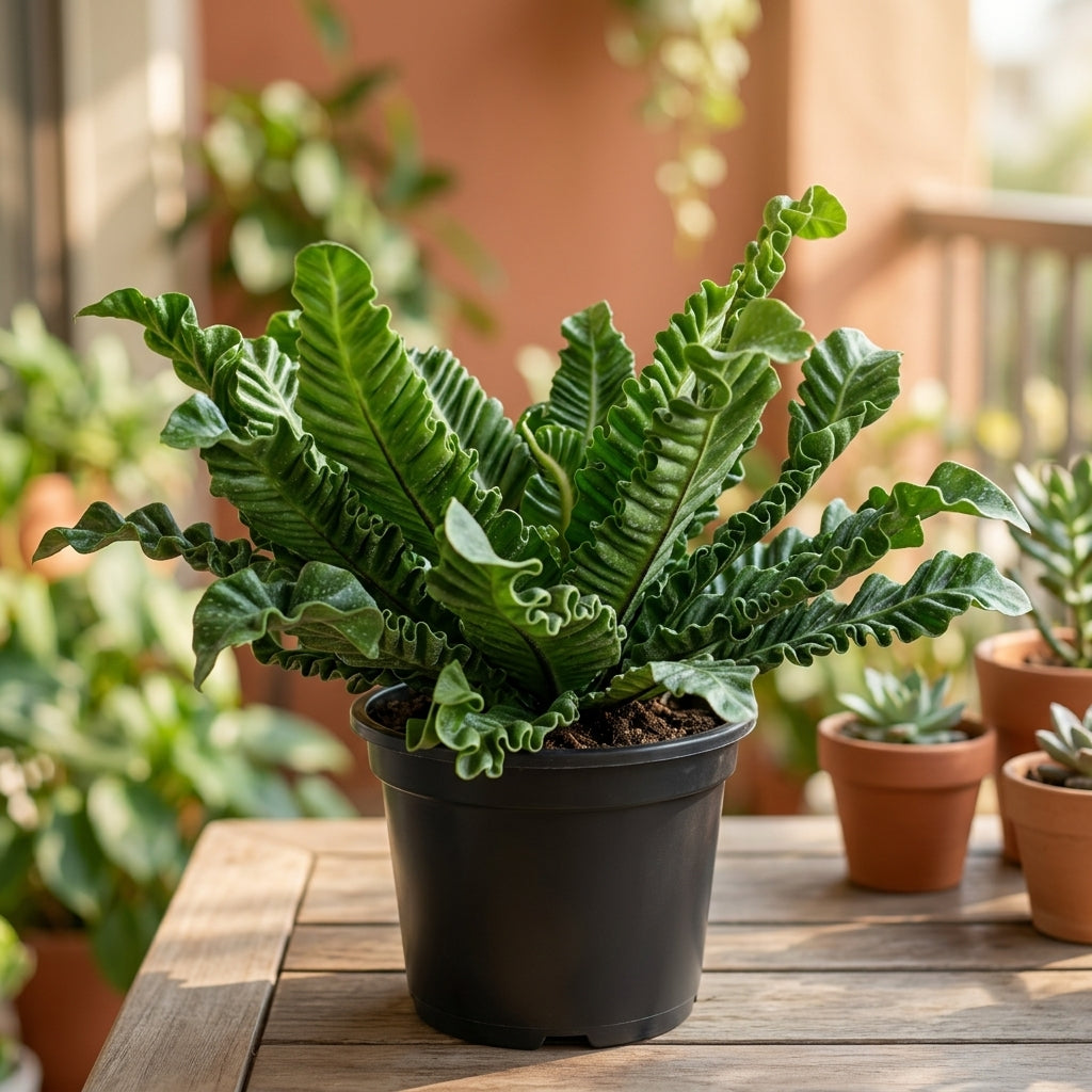 Potted plant on a wooden table with a blurred garden background