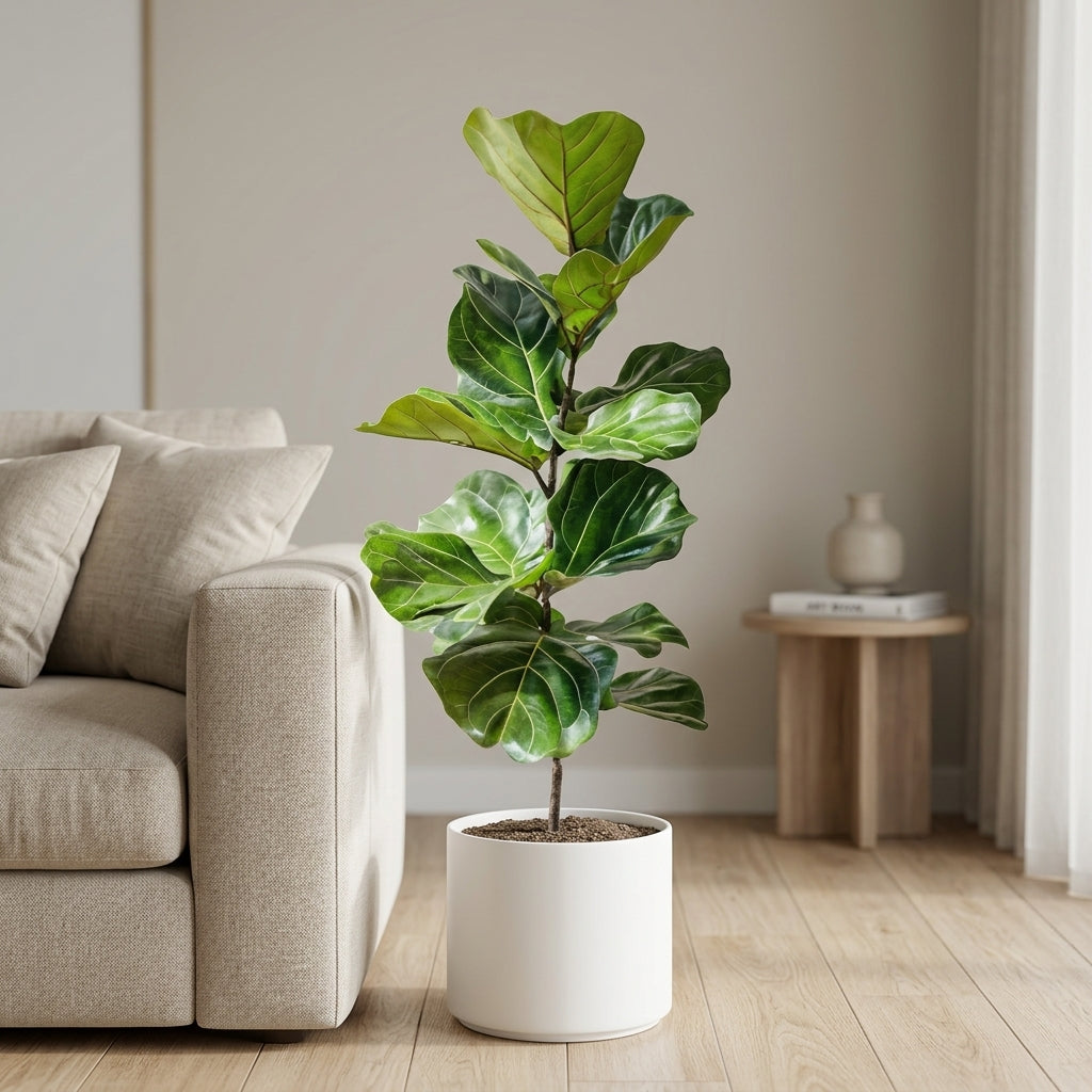 Potted fiddle leaf fig plant in a living room setting with a beige sofa and wooden side table.