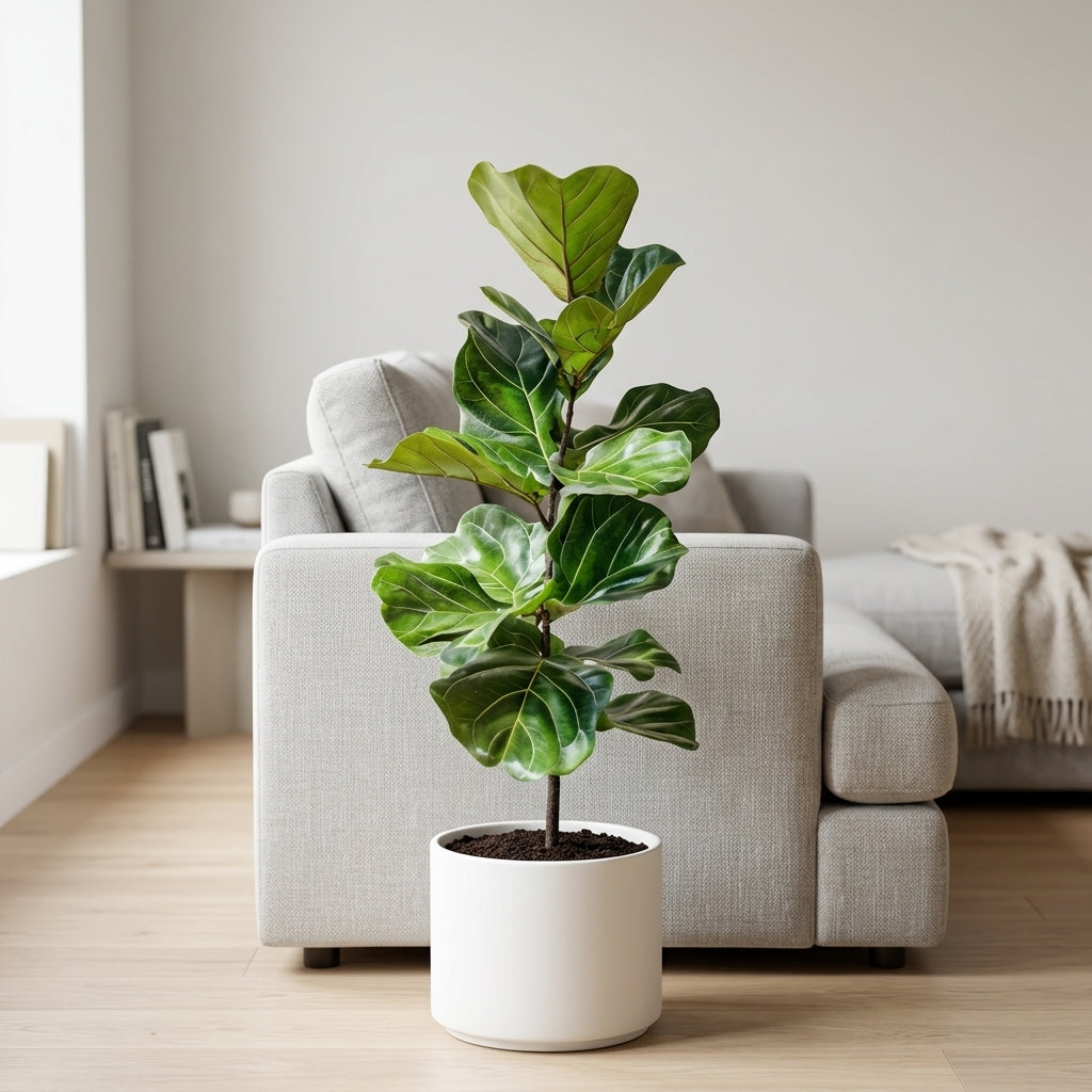 Potted fiddle leaf fig plant in a living room setting with a sofa and books in the background.