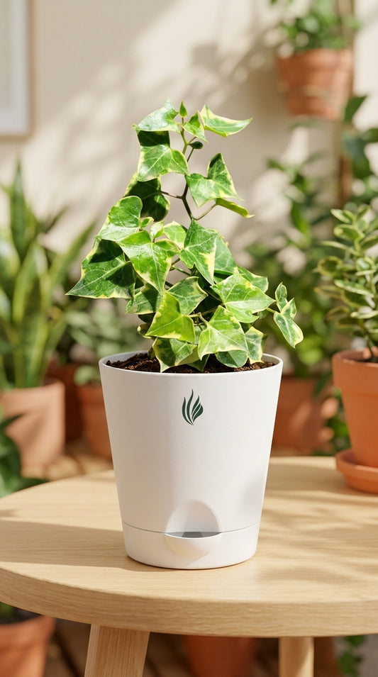 Potted plant on a table with other plants in the background