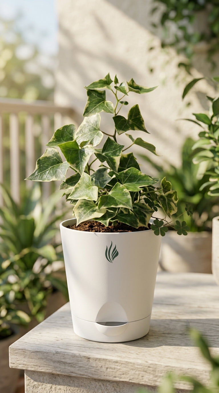 Potted plant on a wooden surface with a blurred outdoor background