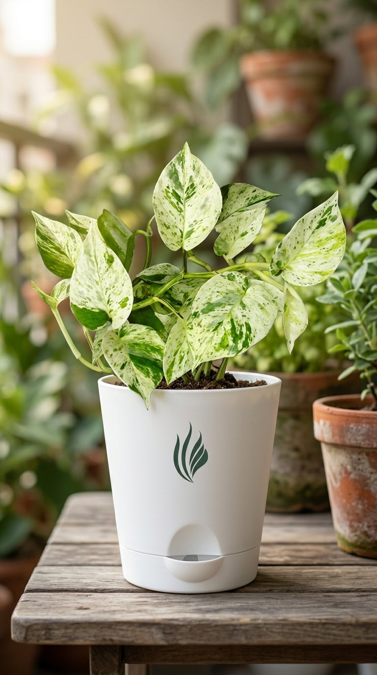 Potted plant in a white container with a green leaf logo on a wooden table.