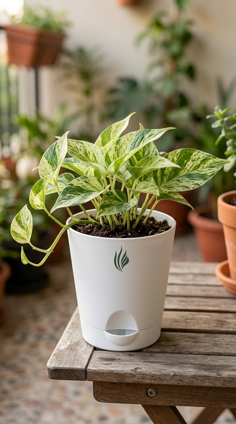 Potted plant in a white container on a wooden table with blurred plants in the background