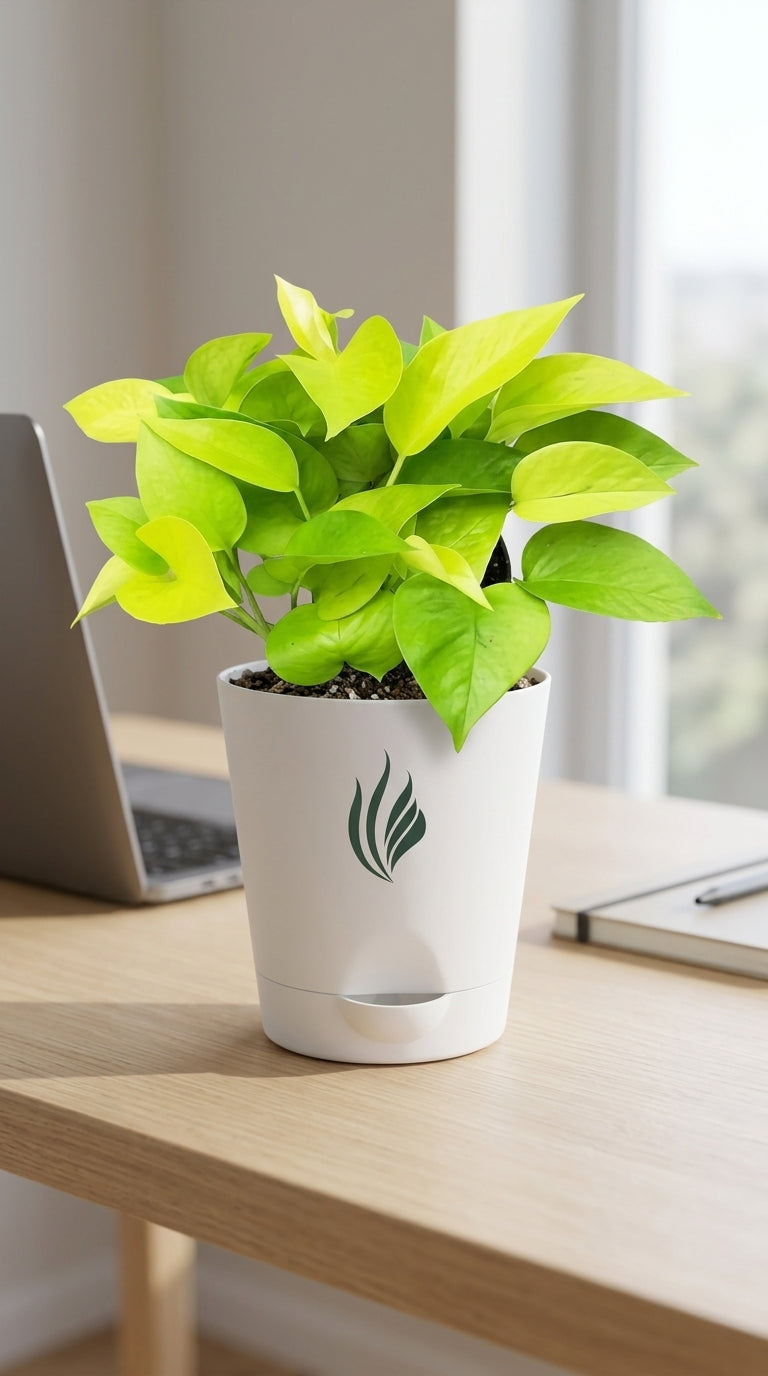 Potted plant on a desk with a laptop in the background