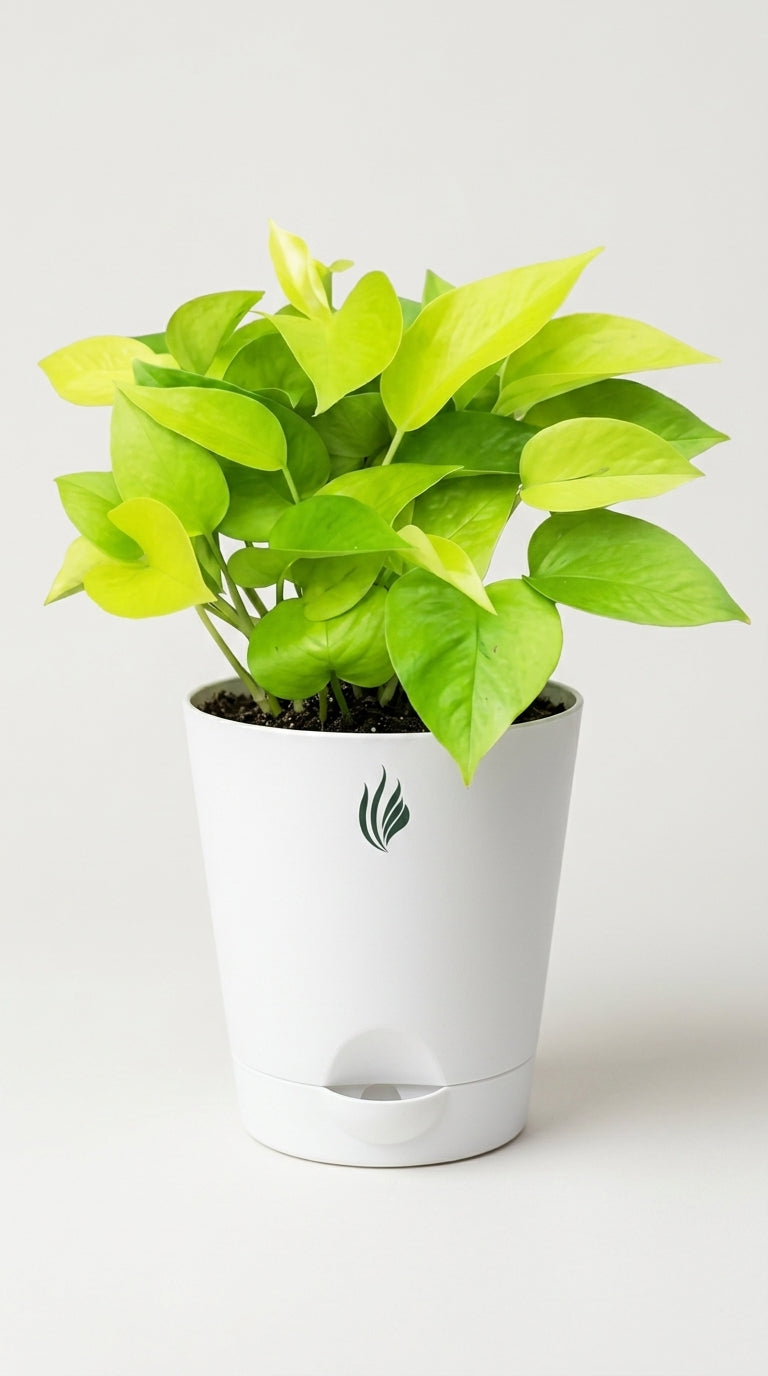Potted green plant with a white pot on a light background