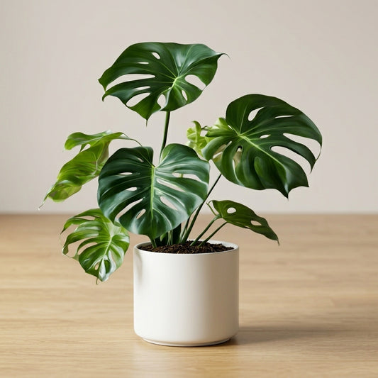 Potted Monstera plant on a wooden surface with a plain background