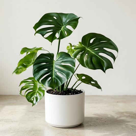 Potted Monstera plant on a wooden surface with a light background