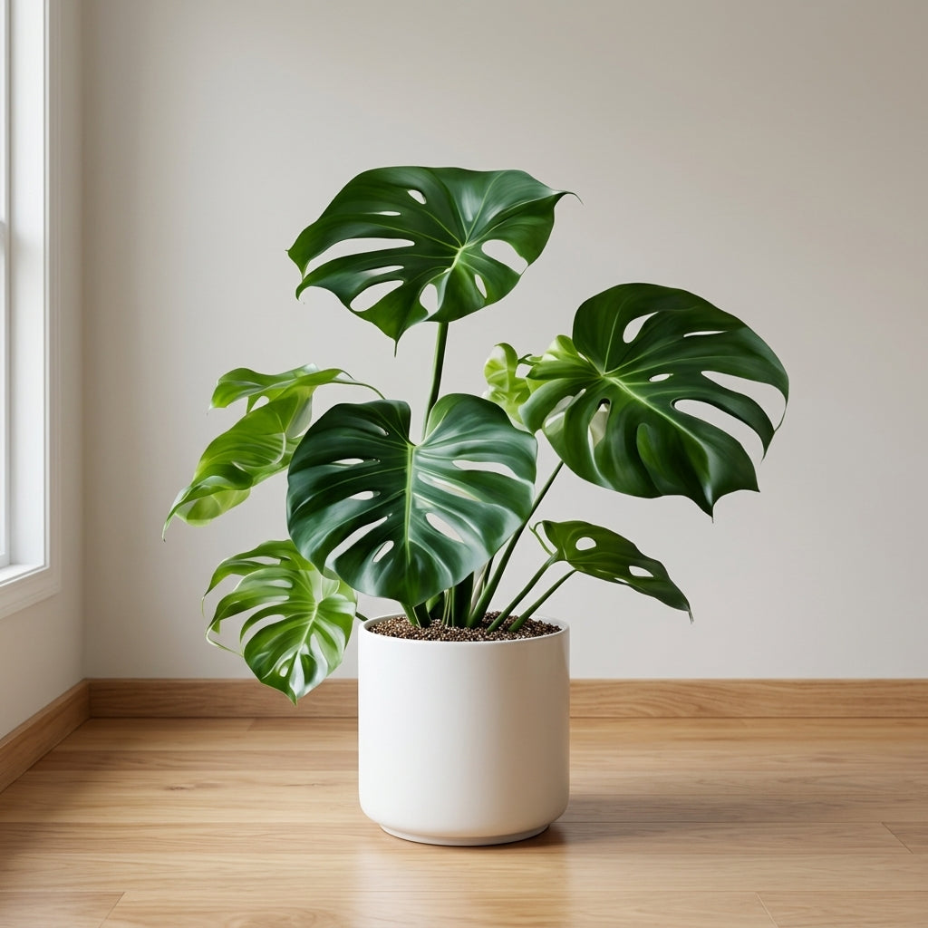 Potted plant with large green leaves in a white pot on a wooden floor.