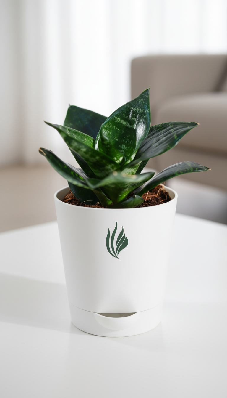 Potted plant with a white planter on a light surface, blurred background