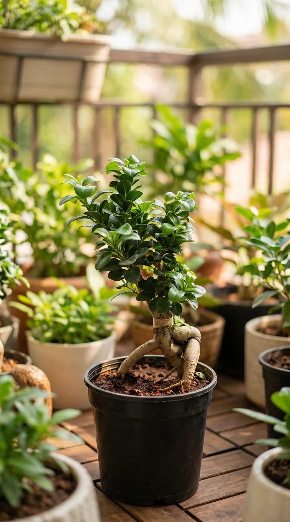 Potted plant on a wooden deck with other plants in the background