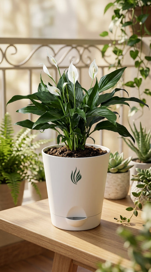 Potted plant on a wooden table with a blurred background of other plants